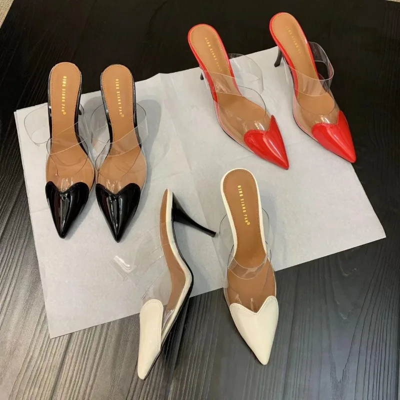 

Patent Leather PVC Pumps Stiletto Sandals Pointed Toe Straps Heart Detailing At The Toes High Heel Slippers Wedding Shoes Women