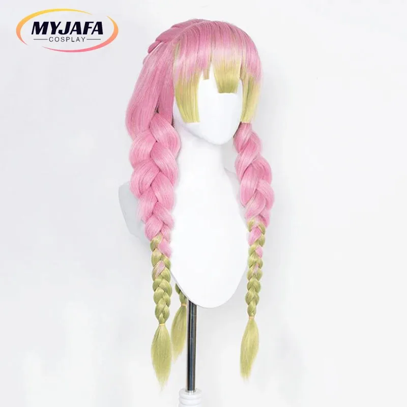 

aaa12 3High Quality Mitsuri Kanroji Long Pink Green Braided Heat Resistant Hair Authentic Anime Cosplay Wigs + Wig C