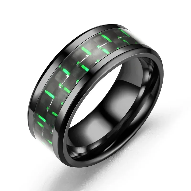 Anillo de acero inoxidable negro de 8mm para hombre, anillos de fibra de carbono azules con incrustaciones, 6 colores, regalo de joyería para boda, venta al por mayor