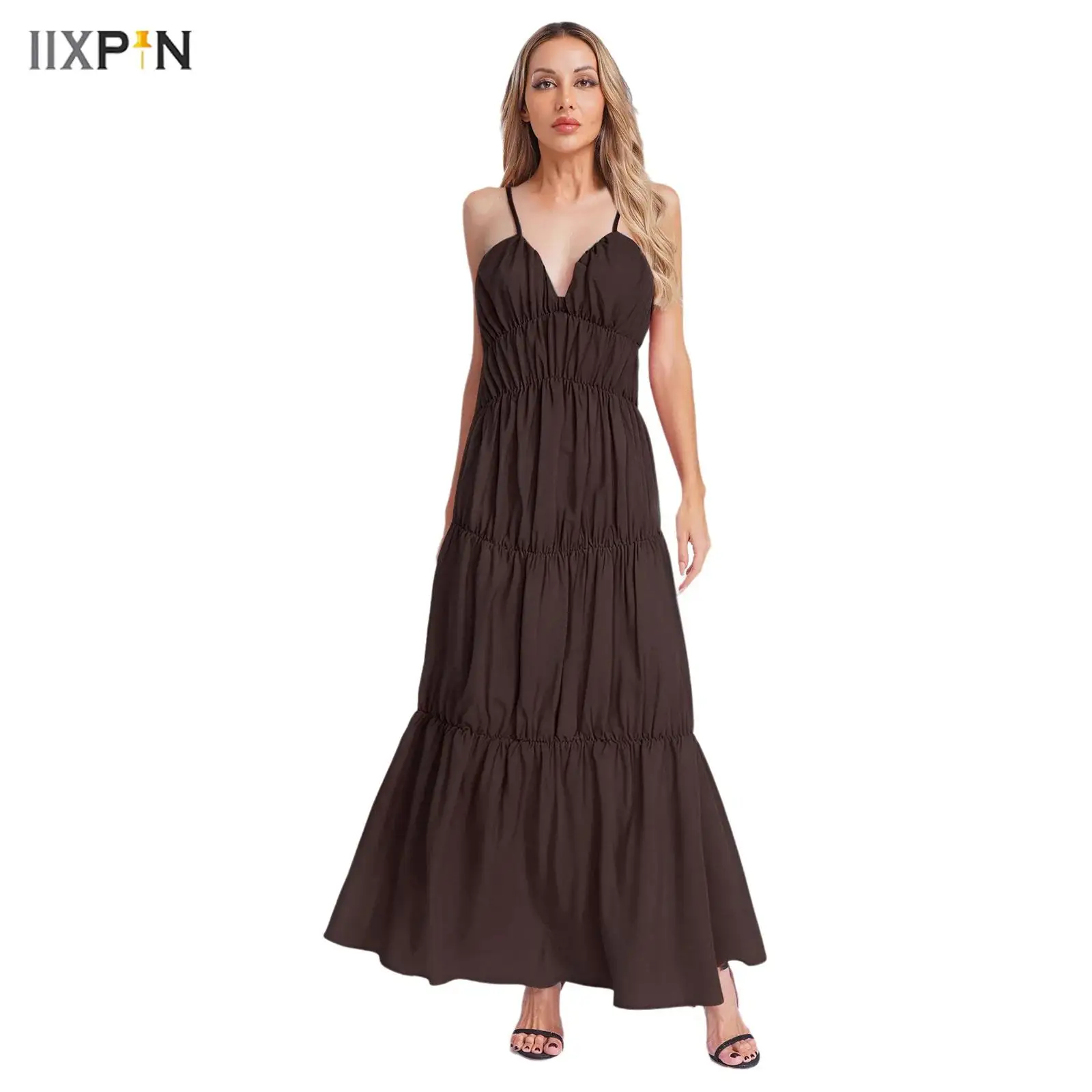 

Women's Dresses Tiered Ruched Sling Maxi Dress Bohemian V Neck Backless Loose Long Dress Purity Cami Dress for Beach Vacation