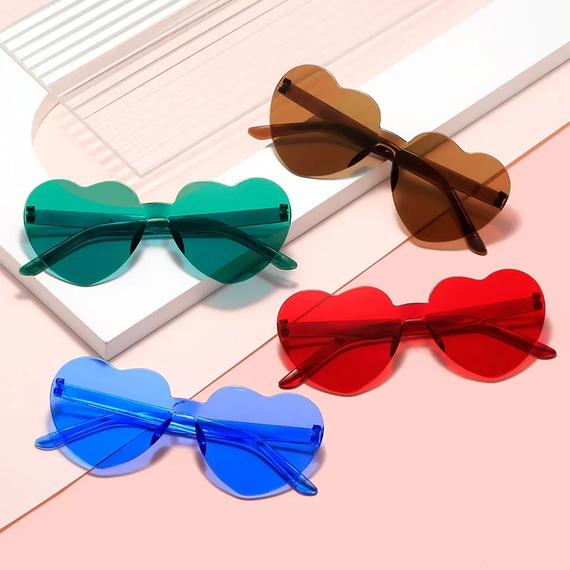 Heart Sunglasses for Women Men Rimless Eyewear UV400 Female Pink Green Yellow Blue Orange Purple Brown Sun Glasses