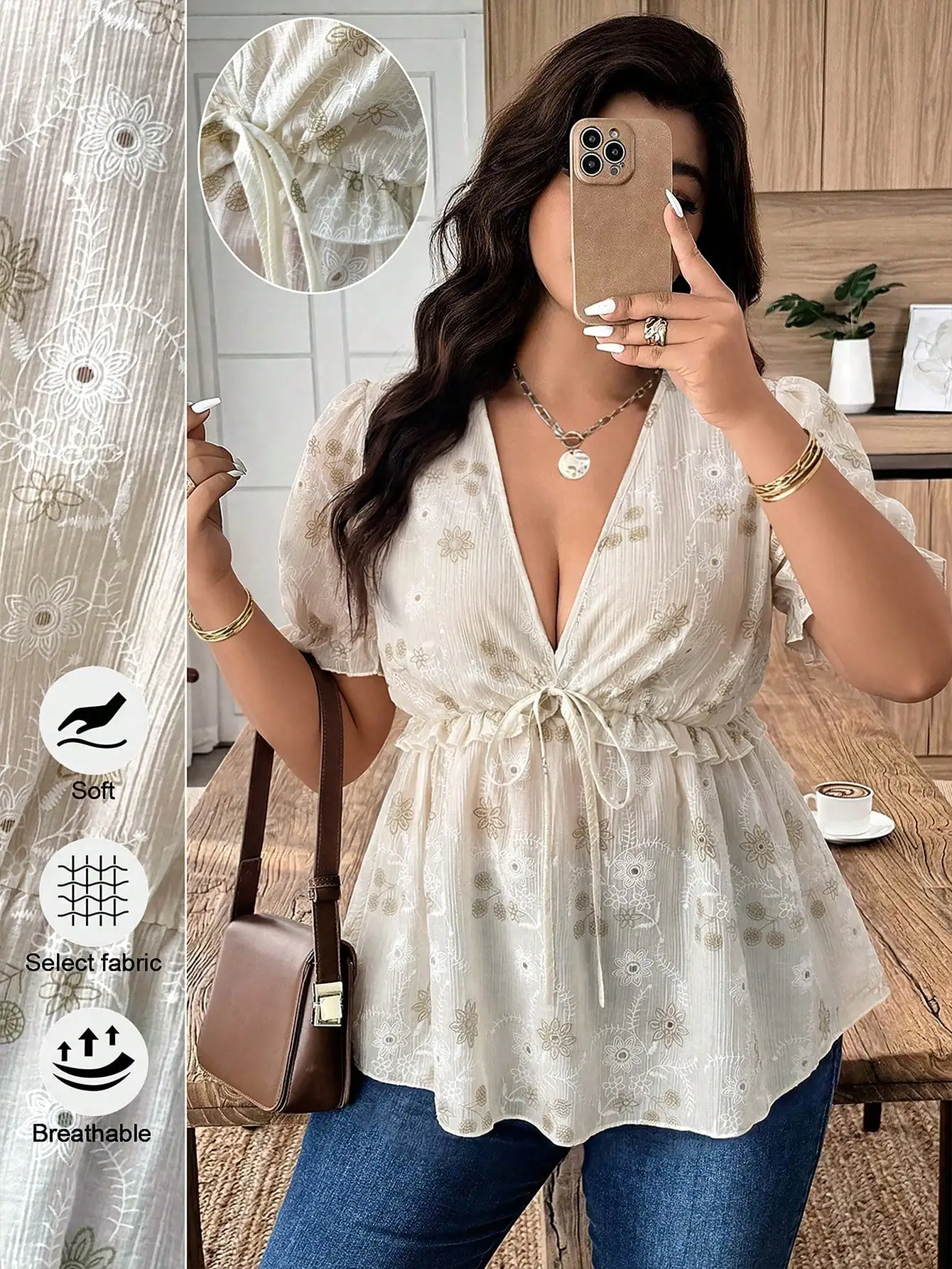 

Plus Size Women Casual Floral V-Neck Short Sleeve Blouse Puff Sleeve Tie Front Boho Top