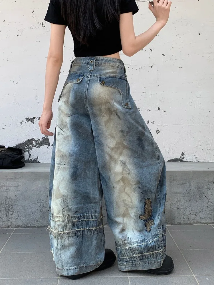 Women's Dirty Messy Printing Design Casual Pants Cool Girl Summer Wide Leg Trousers Female High Waisted Unisex Sweatpants