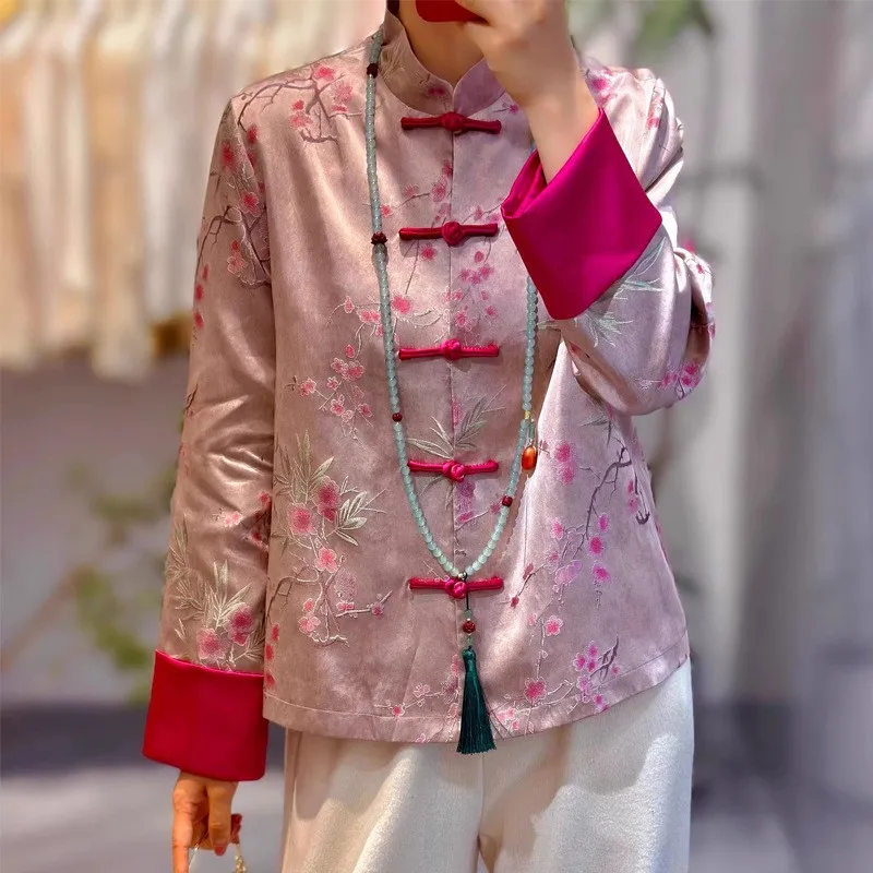 Luz de luxo jacquard topo dia das mulheres novo vento nacional gola disco casaco solto