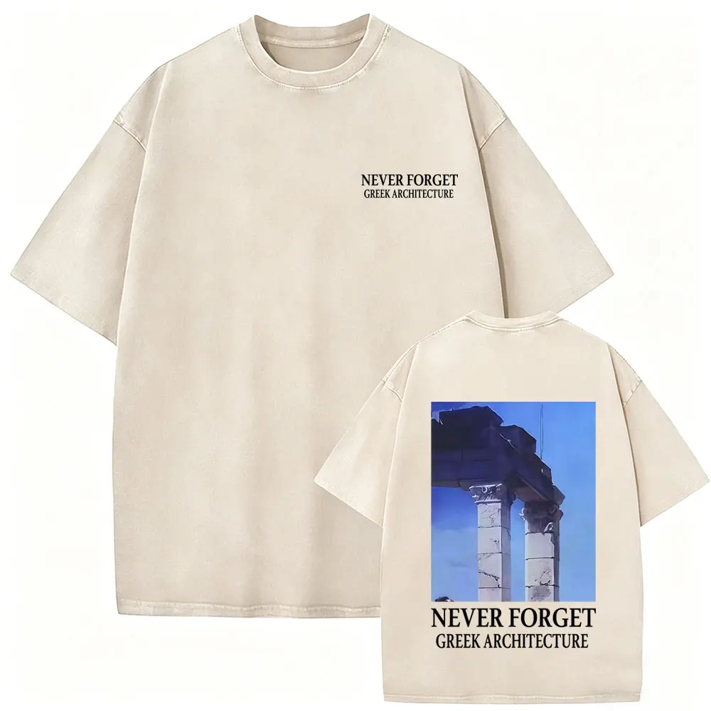 Gewaschenes Vintage-T-Shirt „NEVER FORGET GREEK ARCHITECTURE“ für Männer und Frauen, Retro-Baumwoll-T-Shirt, männliches Hip-Hop-Oversize-T-Shirt, Streetwear – Detail 5