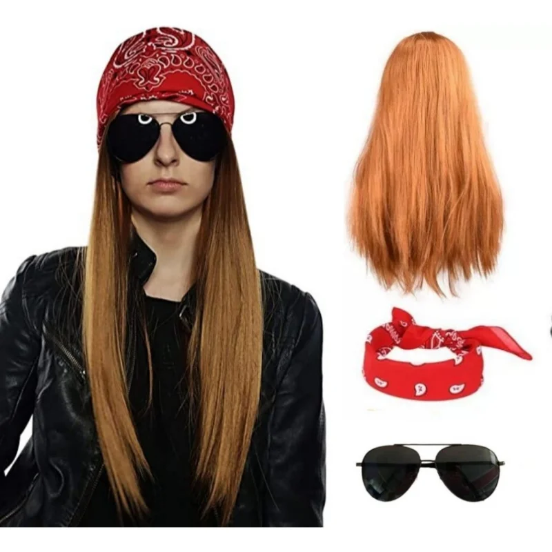 3 PCS Set Men Women Synthetic Wig Adult Brown Straight Long Wig Sunglass Headscarf Fancy Rock Hip Hop Cosplay Party Costume Prop