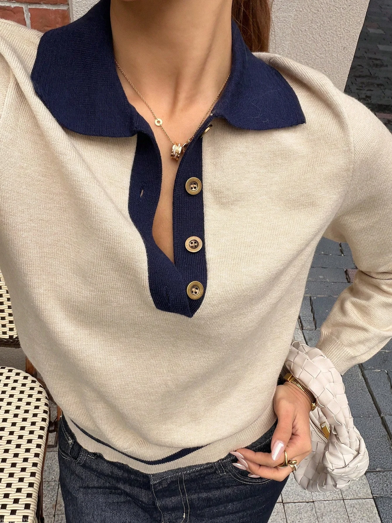 Korean Style Color Block Polo Neck Knitwear Women's Slim Fit Long Sleeve Base Shirt Autumn Winter Fashion Casual Top