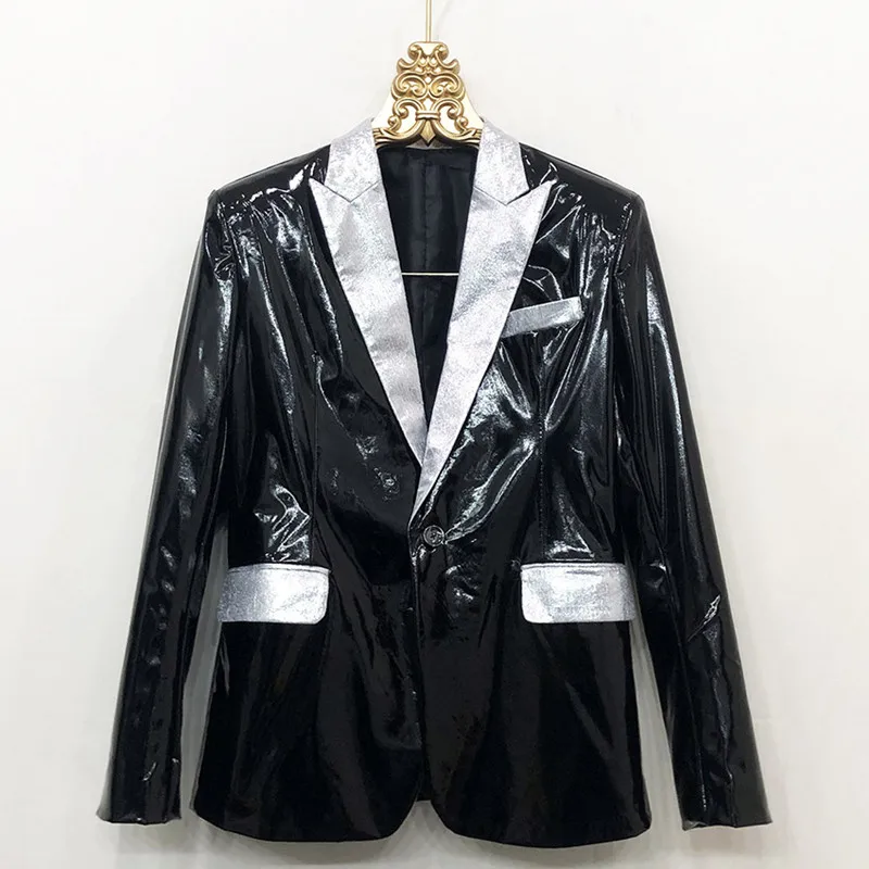 

Men's Black White Soft Leather Blazer Bar Nightclub Singer Stage Performance Casual Coat One Button Slim Show Costume