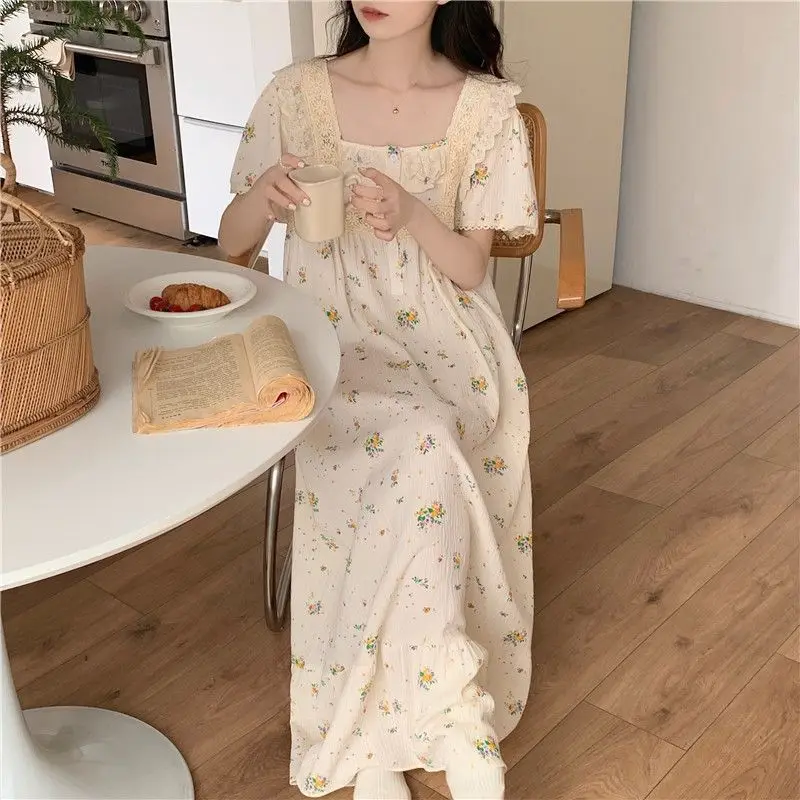 Floral Nightgowns Women Sweet Lace Summer Nightdress Schoolgirls Korean Fashion Square Collar Retro Lounge Sleepwear Cozy New