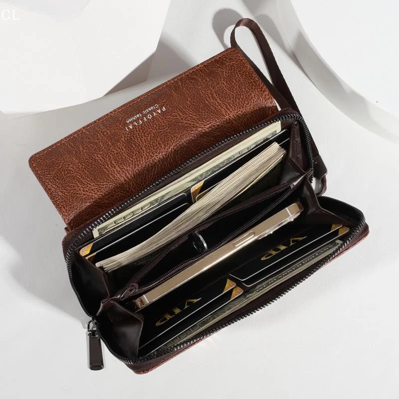Men's PU Zipper Handbag Large Capacity Long Wallet Clutch Bag Phone Bag Multi Card Card Holder Coin Purse Wallet Double Layer