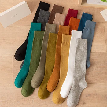 Calzini alti al ginocchio in cotone da donna Ragazza Nero Bianco Tinta unita Calzino casual al polpaccio Calzini lunghi sexy moda femminile