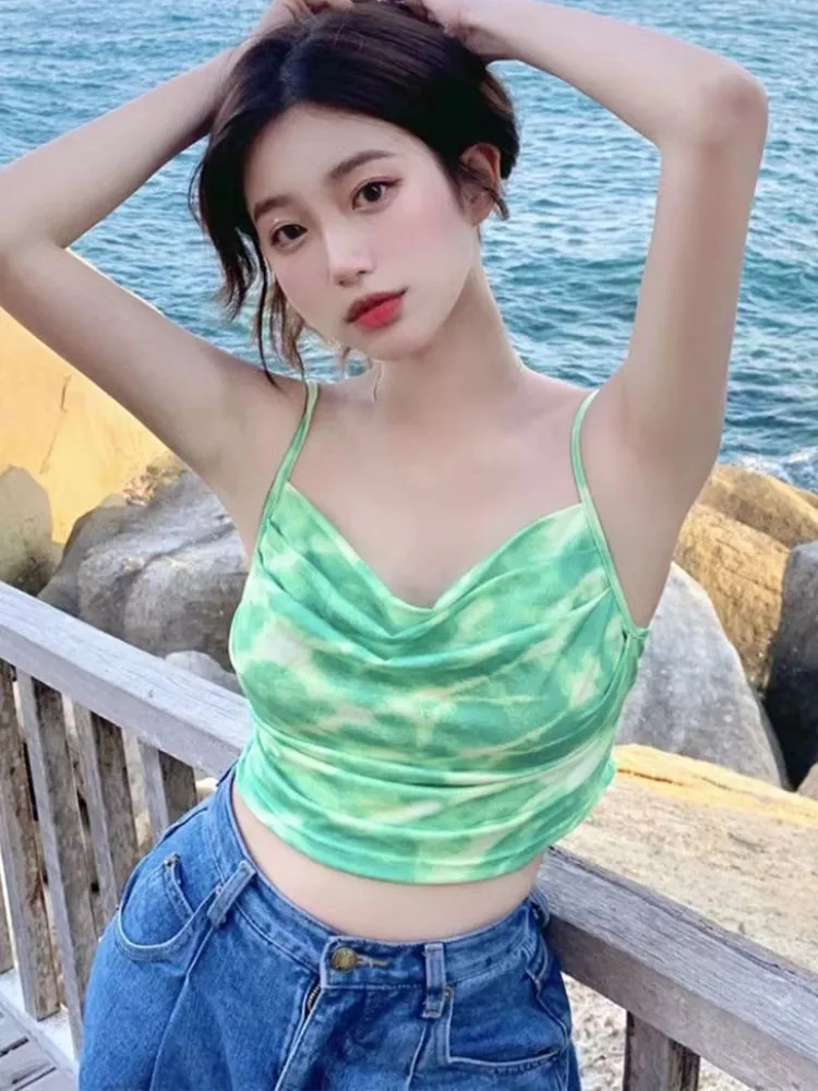 Y2k Green Cropped Tank Top Women Sexy Sleeveless Cami Off Shoulder Tee Spring Summer Casual Streetwear