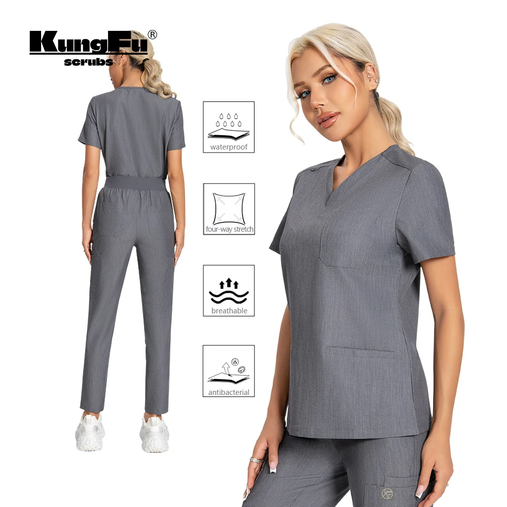 KUNGFU SCRUBS Women's Nursing Clothes Clinic Nurse Scrubs Suit V-neck Fitted Top Pants Medical Uniform Set Made of Soft Fabric