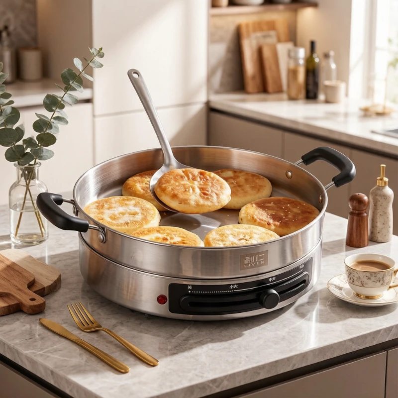 32cm 304 Steel Electric Frying Pan, 55mm Deep 0-Coating Griddle, Scratch-Proof Durable Breakfast Maker for Home Kitchen