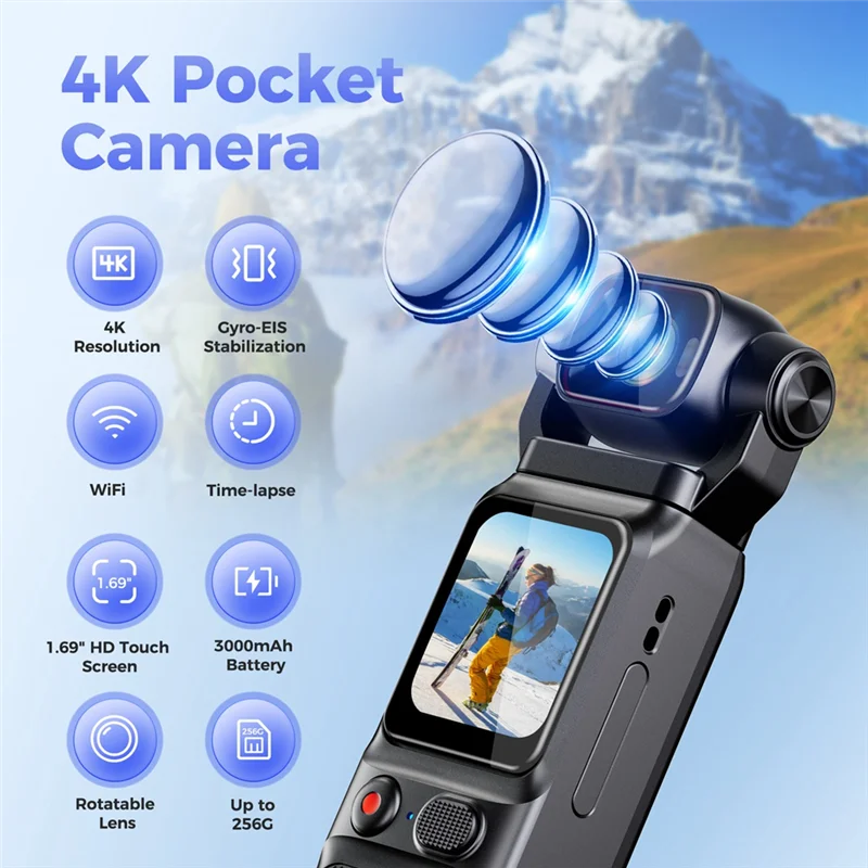 ABGI-Gimbal مثبت يدوي 4K HD كاميرا جيب محمولة WIFI مسجل فيديو كاميرا يمكن حملها بالجسم للرياضات الخارجية #2