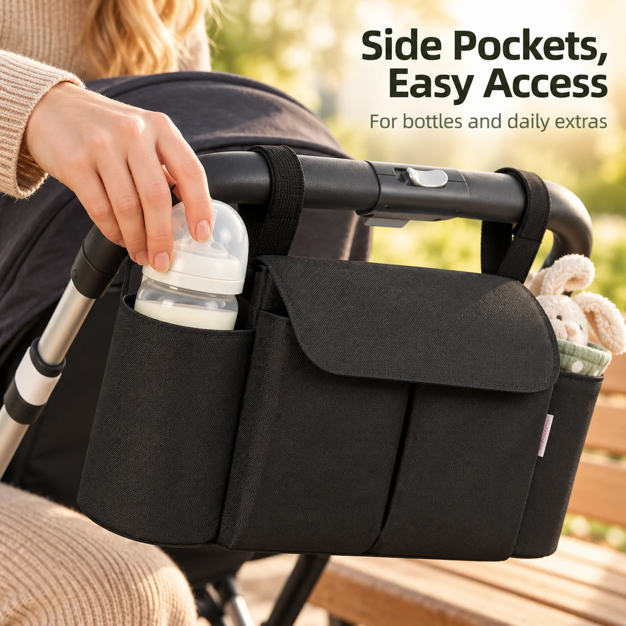 Baby Stroller Organizer Bag with Bottle Pockets, Convertible Crossbody Shoulder Diaper Storage Bag, Black 37x20x14cm