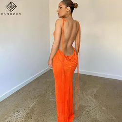 Women's Backless Maxi Dress, Sexy Orange Spaghetti Strap, Slim Dress, Long Club Party, Beach Dress, Blue Outfits, Summer, New, 2