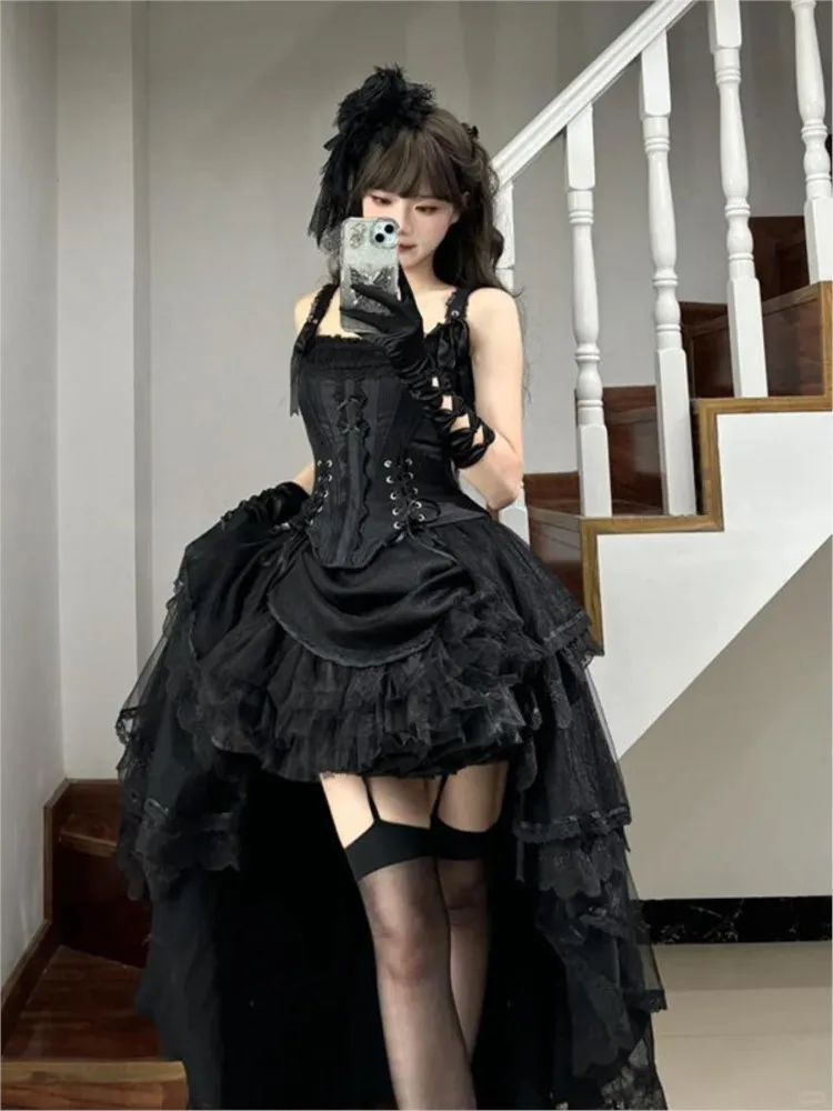 

Black short in the front and long back magnificent fishbone puffy heavy industry dress