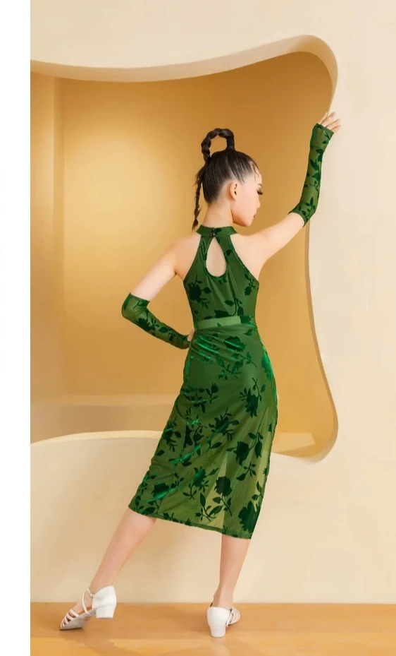 

New childrensLatin dance outfitpractice suit womenscheongsam style brocadefabric Chinese style separate skirt performance outfit