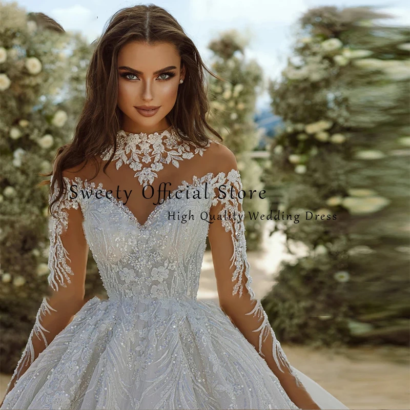 Luxuriöses Hochzeitskleid aus Organza mit Stickerei, Perlenstickerei, Prinzessin-Ballkleid, volle Ärmel, Stehkragen, Braut-Knopf, Vestido de Novia