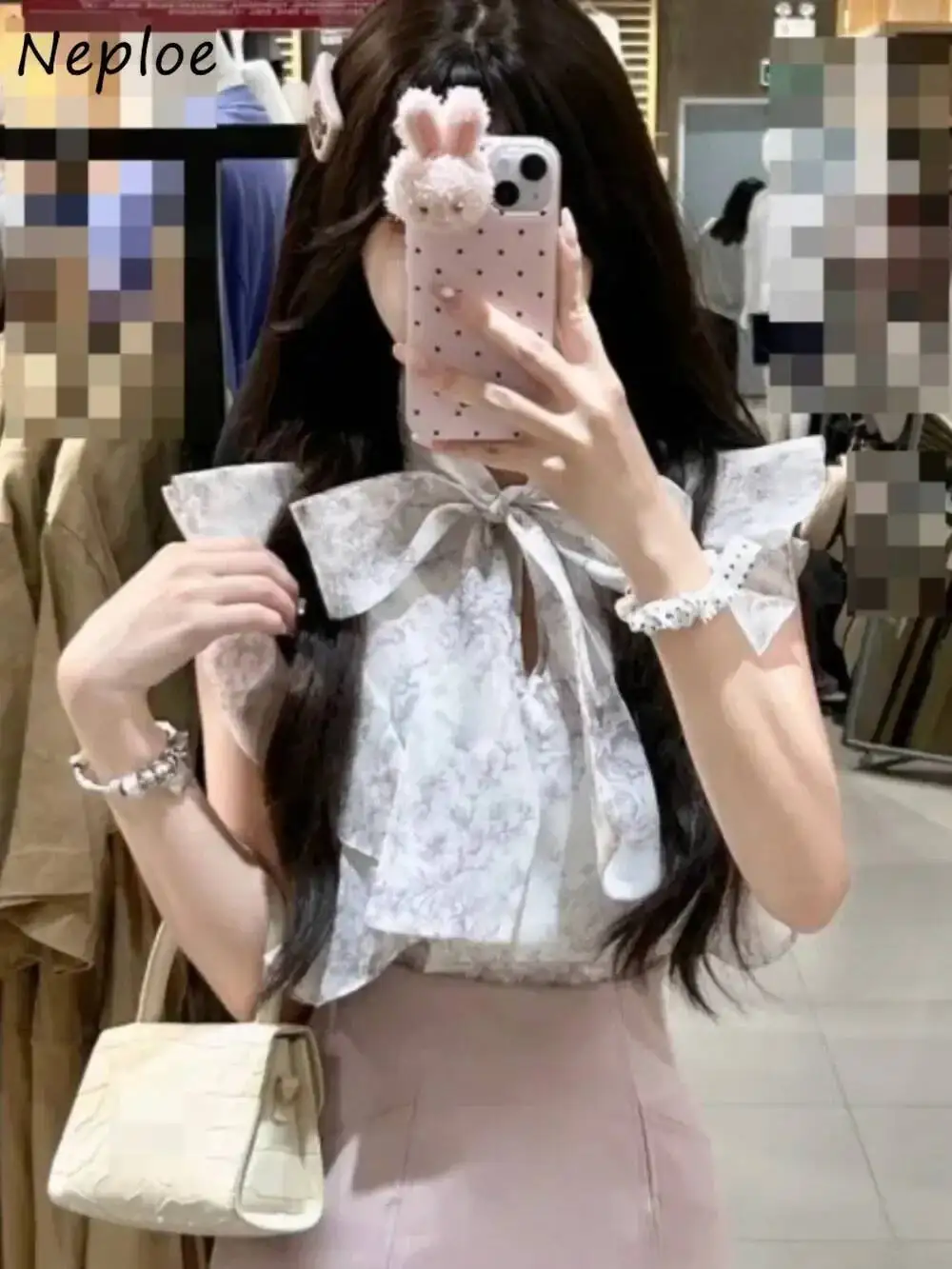 

BabYoung French Sweet Sleeveless O Neck Shirt Ruffles Bow Lace Up Chiffon Print Blusas Japan All-Match Two Outfits Casual Blouse