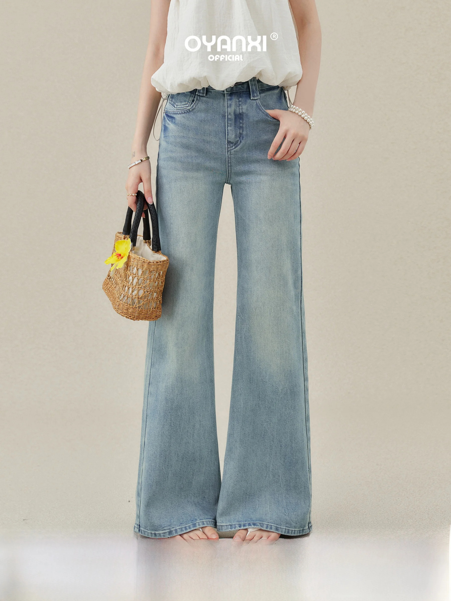 

Blue High Waist Flared Jeans Women's Loose Straight Leg Jeans Summer New Style Wide Leg Pants High Waist Zipper Closure