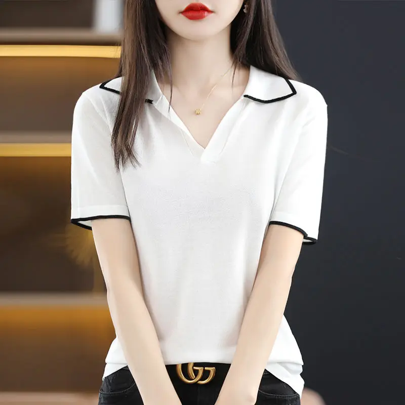 Clothing Short Sleeve Tee T-shirt Woman Plain Polo Neck Shirts for Women Red Tops Sale Luxury Youth Synthetic Aesthetic V Cotton