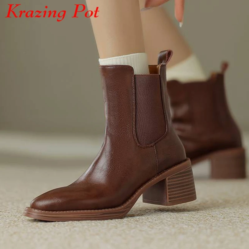 Krazing Pot Cow Leather Round Toe Med Heels Winter Keep Warm Chelsea Boots Evening Party Sexy Big Size 41 Dating Ins Ankle Boots