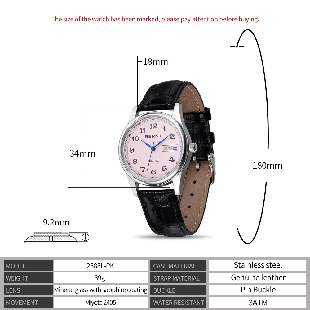 BERNY-Montre étanche en acier inoxydable pour femme, montre-bracelet pour femme, facile à lire, mode élégante, semaine du calendrier, décontracté et