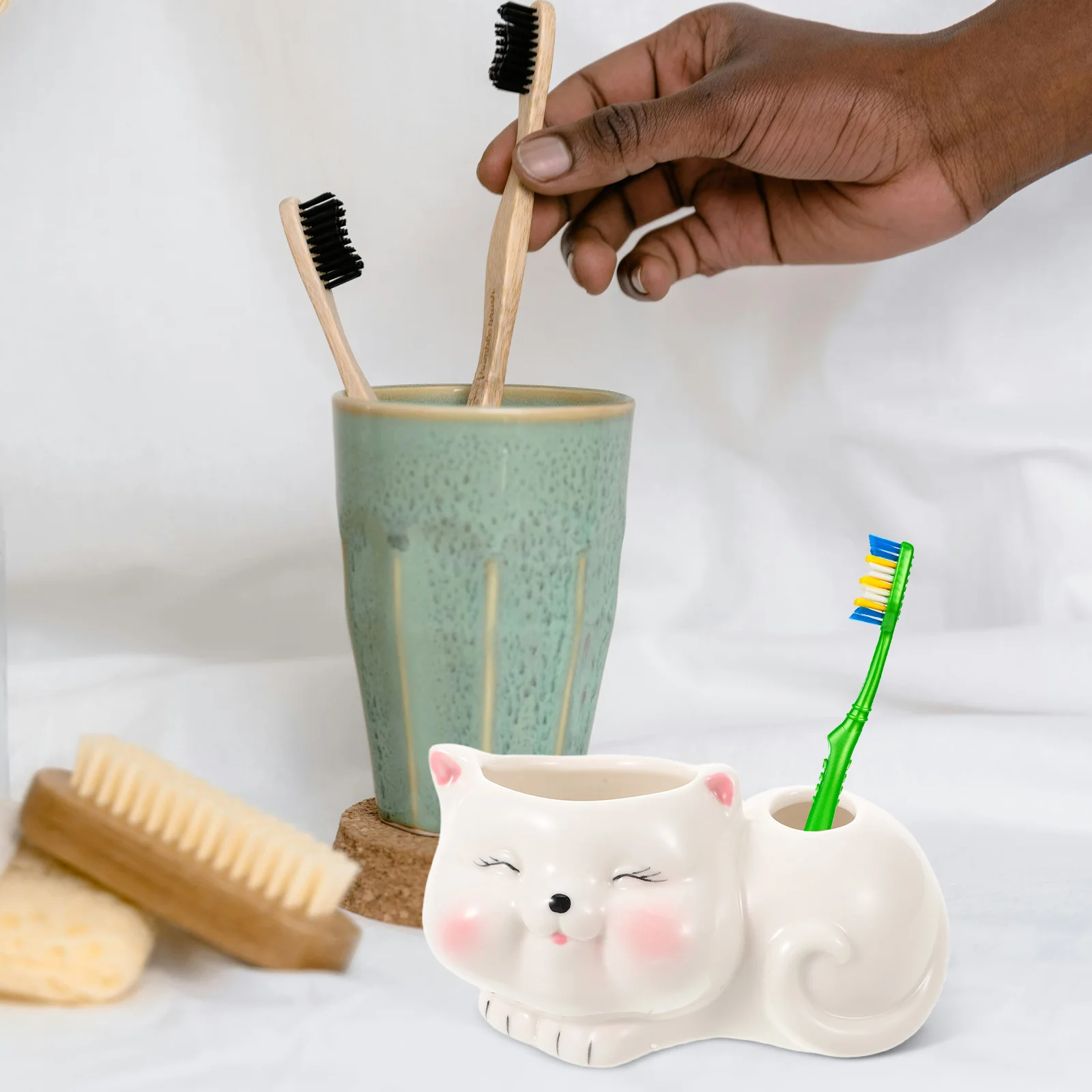 

Cute Cat Toothbrush Holder Ceramic with Nonslip Bottom Multi-Slot Storage for Bathroom Countertop Toothpaste Organizer White
