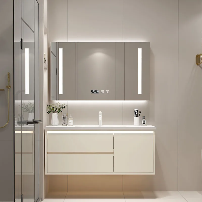 Bathroom ceramic integrated basin simple bathroom cabinet combination hand washbasin light luxury smart washstand mirror cabinet