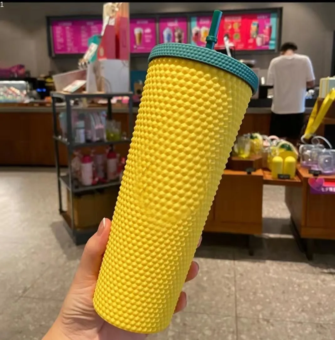 Hot 710ML Straw Cup Double Layer Plastic Durian Cup Plastic Coffee Cup Brilliant Diamond Starry Sky Straw Cup Cross border