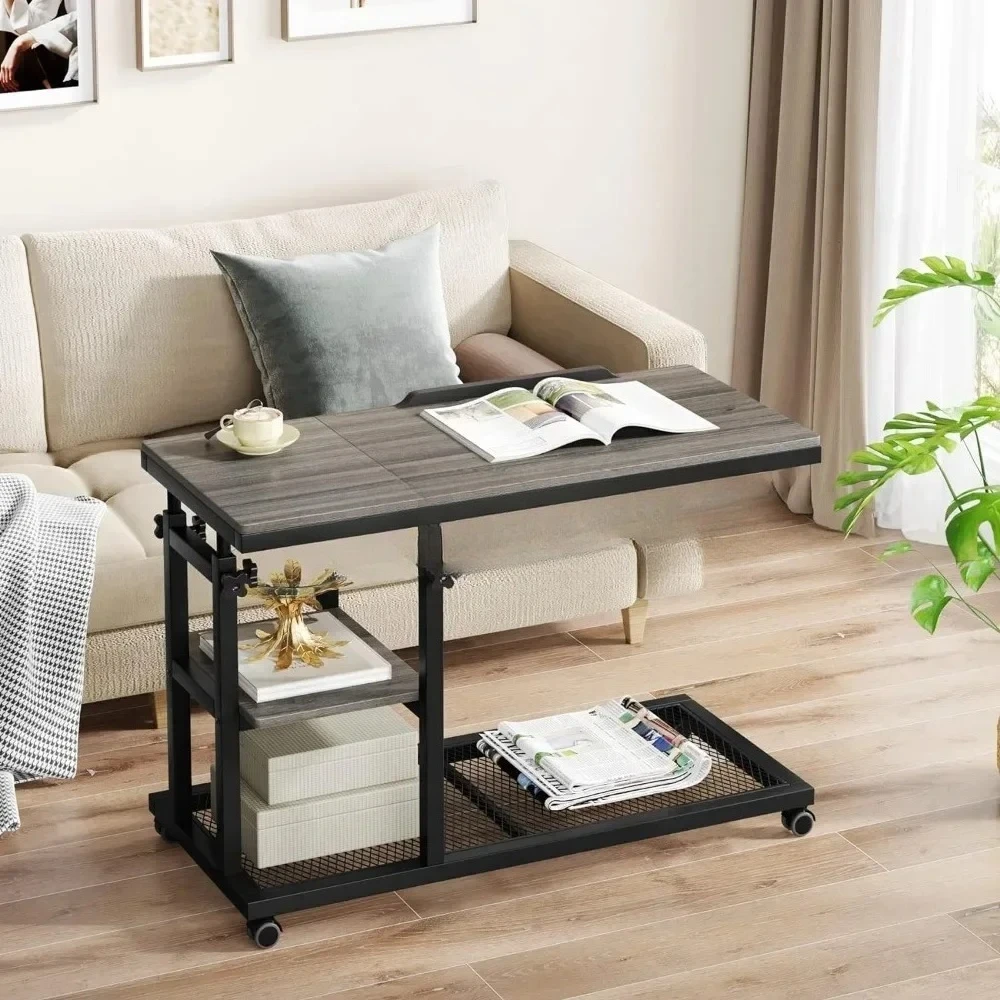 Height Adjustable End Table with Wheels and Tiltable Drawing Board, Sofa Bedside Laptop Stand, Height Adjustable C Table