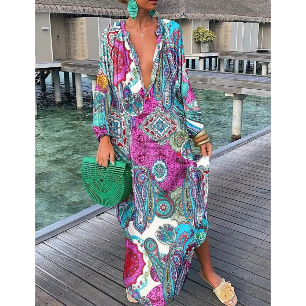 ボヘミアンプリントビーチドレス 2025 新作 夏 エレガント ディープVネック 長袖 マキシ丈ワンピース レディース セクシー ゆったり オーバーサイズ バケーションドレス