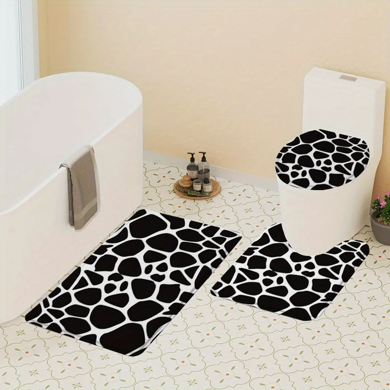 

3-Piece Black Irregular Bathroom Mat Set - Non-Slip Quick Dry U-Shaped Toilet Seat Cover, Super Soft Flannel Bathroom Decor