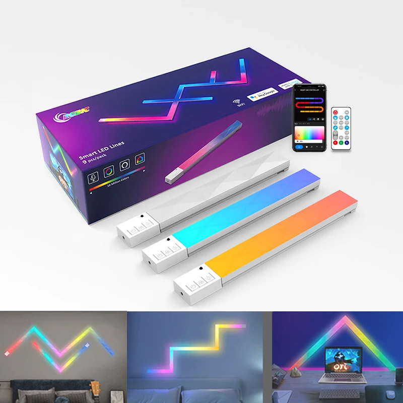 Barra de luz LED inteligente RGB Wall Light Light Indoor, painéis de luz WiFi RGBIC Smart funciona com Alexa e Google Assistant, design DIY, sincronização de música, aplicação para jogos e decoração, 6 painéis LED.