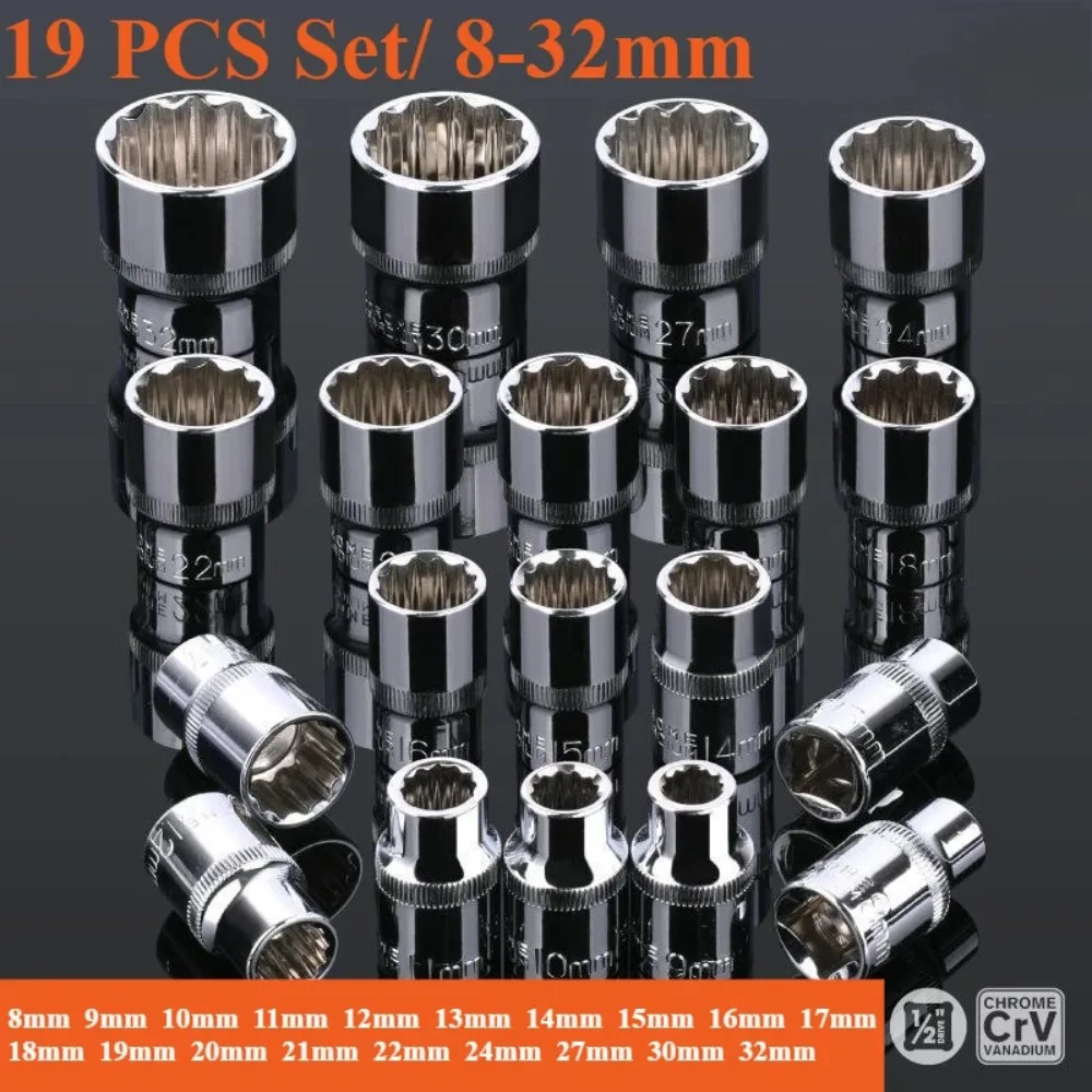1/2 inch ratelratel sleutel 8-32mm, 12-punts korte dop, 12-tands dopset voor auto reparatie handgereedschap