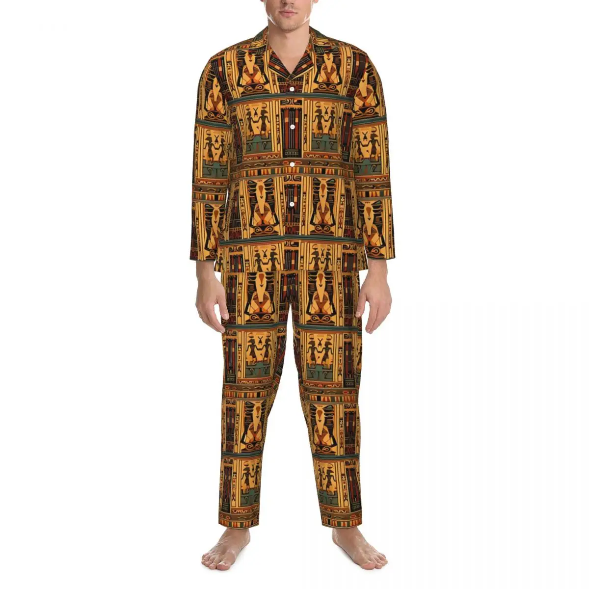 Ancient Egyptian Art Pajama Sets Lovely Sleepwear Couple Long-Sleeve Vintage Bedroom Two Piece Home Suit Large Size