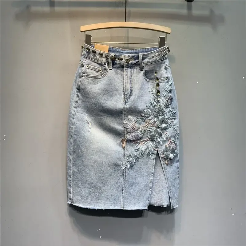 Spring Summer New Fashion Embroidery Flower Denim Skirt Light Blue Split Retro Midi Skirt Korean Style Skirts Women Clothing