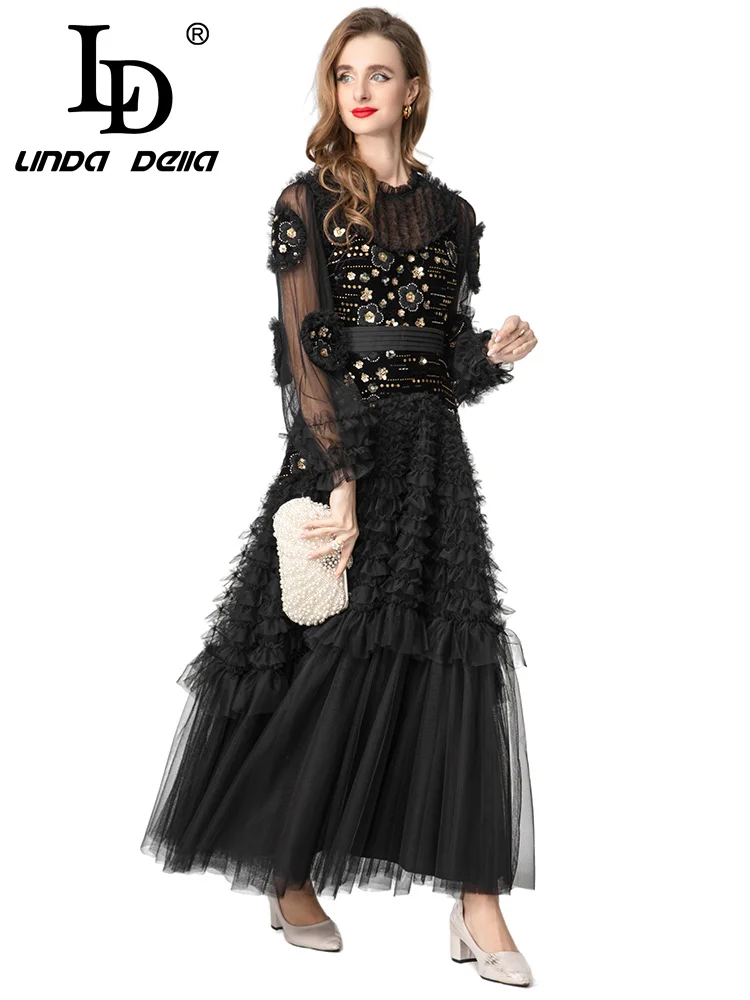 فستان LD LINDA DELL شبكي مزين بالترتر لحفلات العشاء ورقبة دائرية وأكمام طويلة ومطرز بحافة مكشكشة فستان نسائي عصري