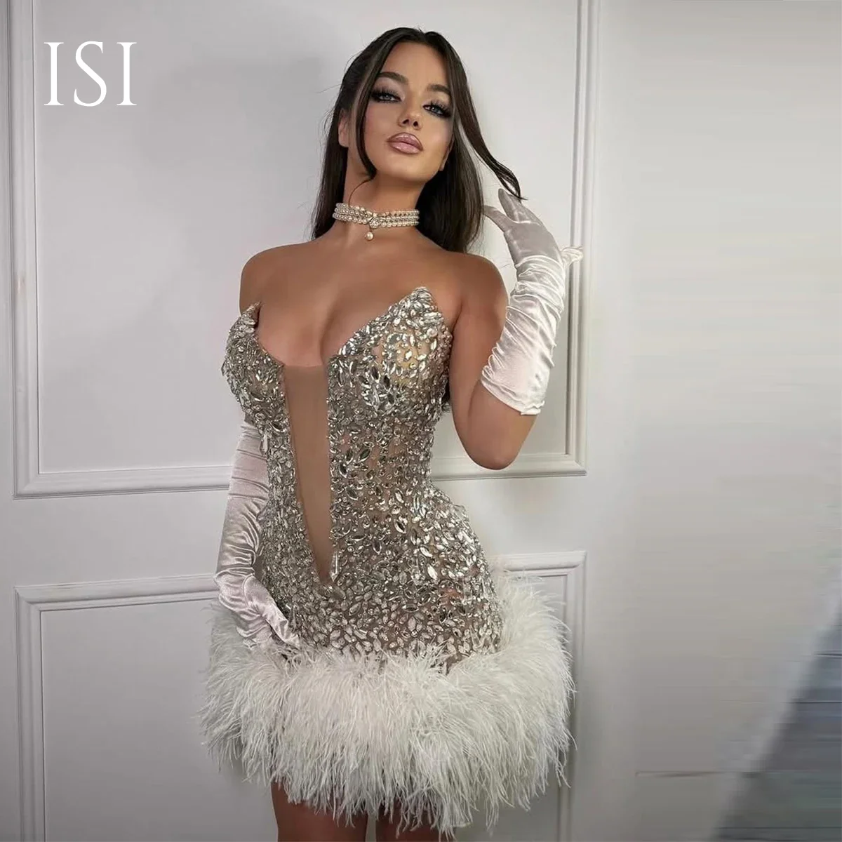 ISI Exquisites Mini-Feierkleid mit Kristallperlen, trägerlos, mit Federn, Cocktailparty-Kleider, glitzerndes Ballkleid, individuell gestaltet