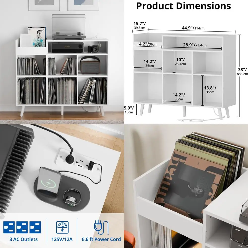 خزانة تخزين من الفينيل الحديثة لمنتصف القرن، حامل مشغل تسجيل كبير، طاولة وحدة تحكم الوسائط مع رف مفتوح #1