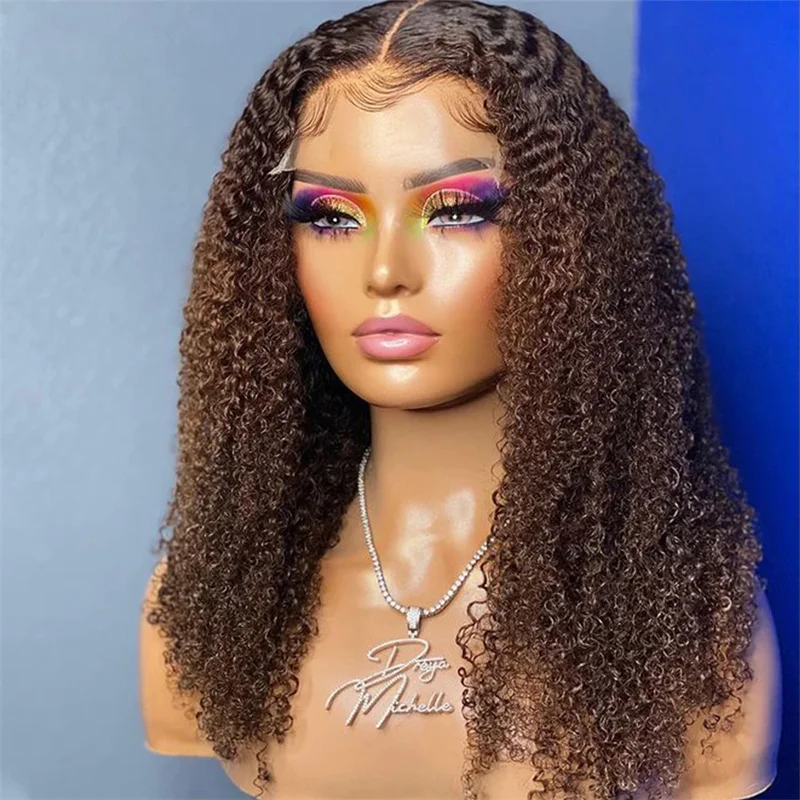 Perruque Lace Front Wig sans colle crépue bouclée pour femme, cheveux de bébé, brun ombré, douce, densité 180, 26 pouces, préplumée, degré de chaleur, 03/3