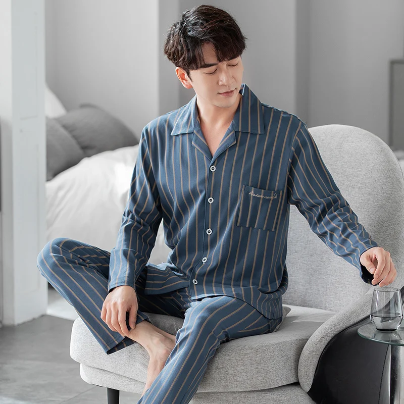 New Spring and Autumn Pure Cotton Men's Pajamas Cardigan Vertical Stripe Casual Fashion Men's Pajamas