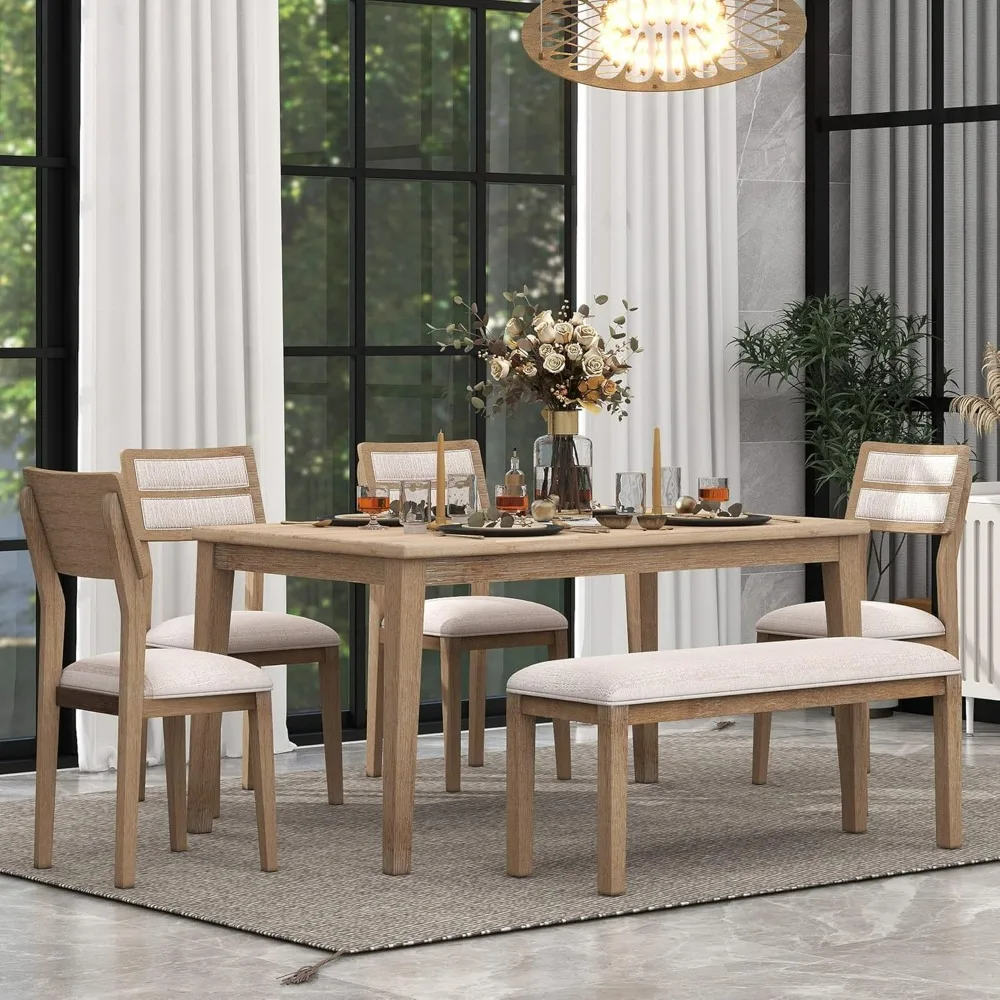 

6-Piece Wooden Dining Table Set with 4 Upholstered Chairs and 1 Bench, Natural Wood Wash, Kitchen Table Sets