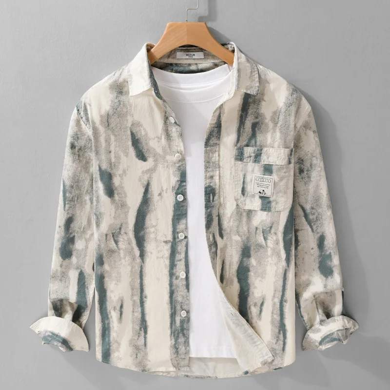 

Spring Faion fiti Print Long Sve Men's Casual Loose Youth irt Design Sense Print Cotton Urban Sle Button up