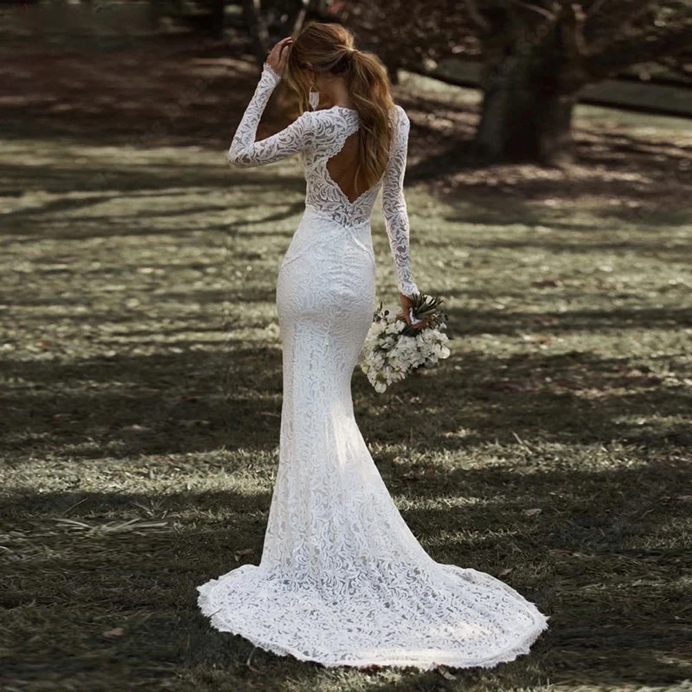 Abiti da sposa da donna di lusso squisiti Appliques di pizzo Sexy abiti da sposa a sirena maniche lunghe abiti da ballo di fidanzamento senza schienale 2024