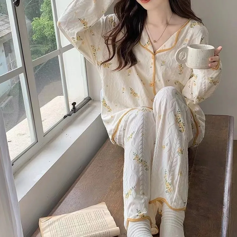 Women's Floral Cardigan Pajama Set, Autumn and Winter Long Sleeved Top, Long Pants, Loose and Soft Casual Home Two-piece Set