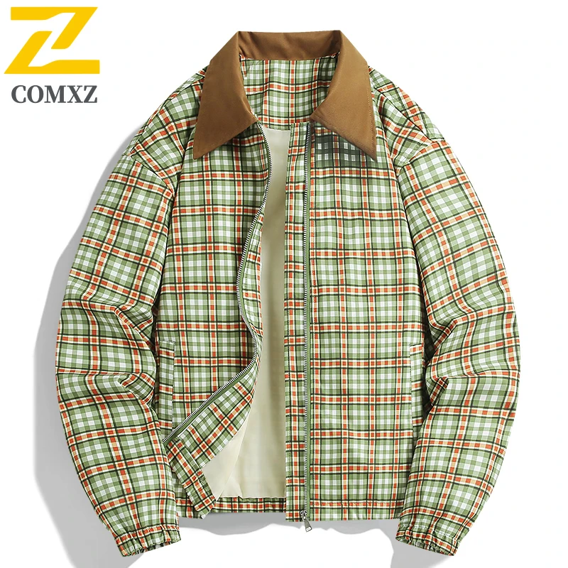 

Harajuku Jacket Men Photography Preppy Plaid Pattern Loose Baseball Suit Coat Autumn Retro Moto Short Windproof Cargo Coat Women