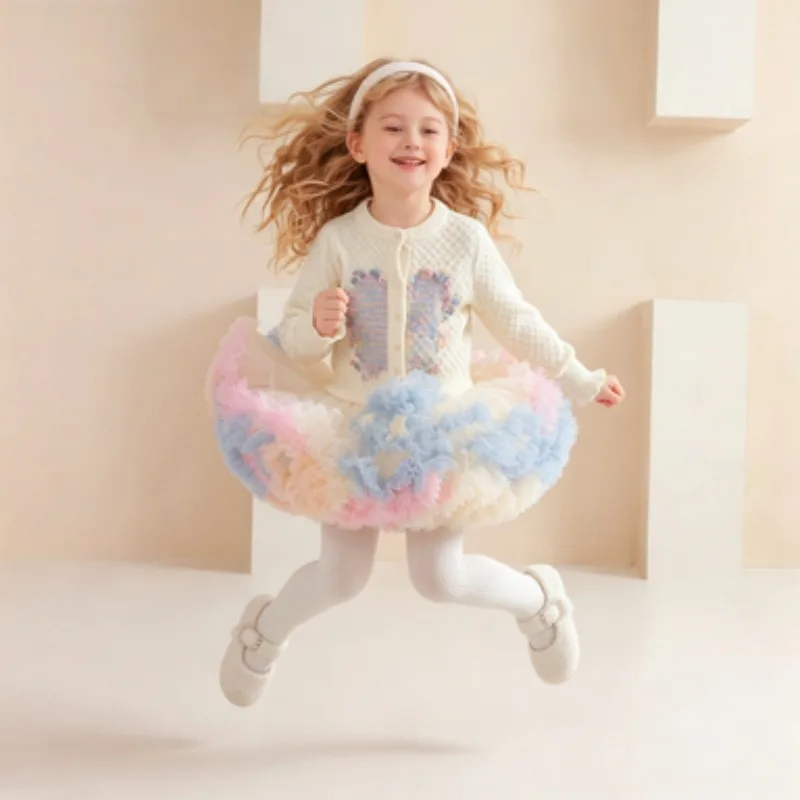 Ice Cream Colored Fluffy Tutu Skirt for Girls, Multi-Layer Tulle Cake Midi Skirt with Elastic Waist, Kids Daily Casual Outfit